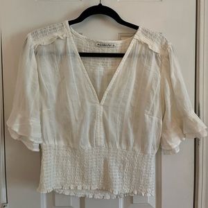 Abercrombie & Fitch White Flutter Sleeve Fitted Smock Waist Top